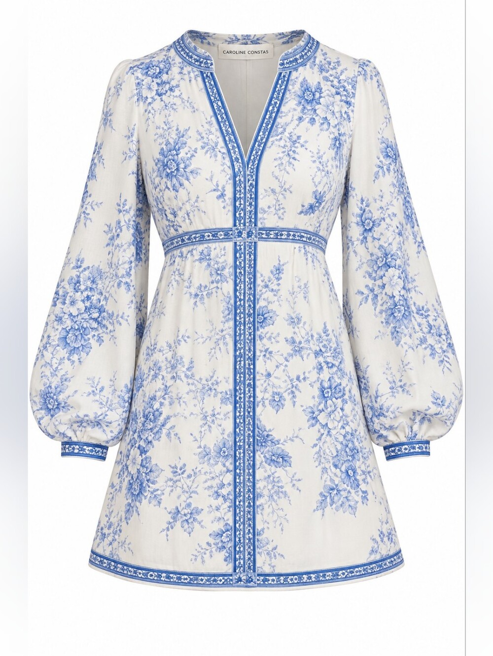 Caroline Constas         Blue and White Floral Long Sleeve Mini Dress